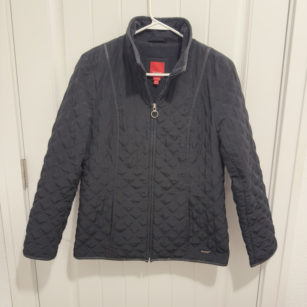 Y2K Vintage ESPRIT Jacket Coat Size Large Quilted Black Zip Up With Pockets‎